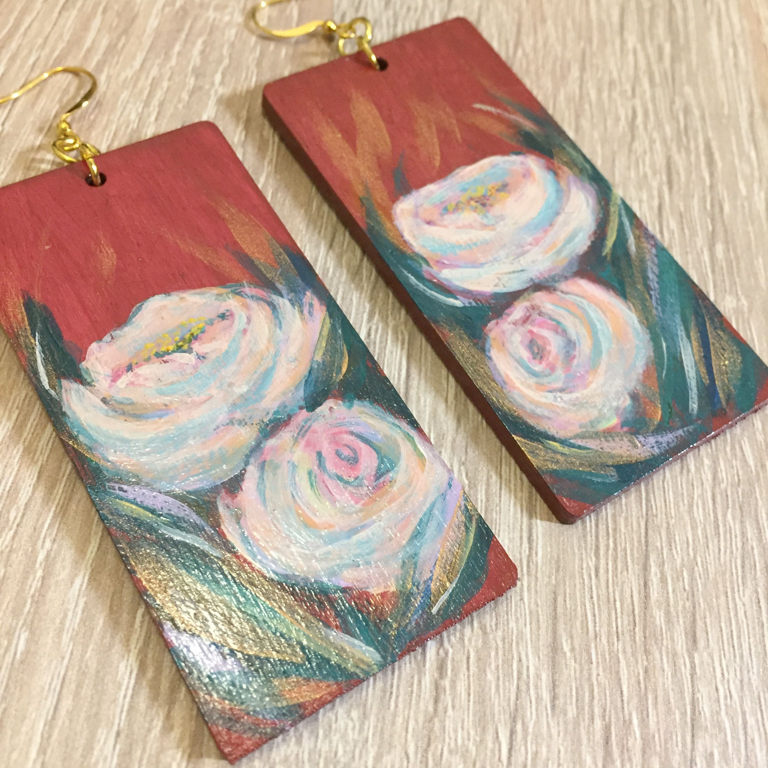 Hand Painted Long Wooden Earrings — Raise the Roof Academy
